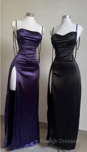 Pretty Sheath Spaghetti Straps Floor Length Ruffles Grape Slit Prom Dresses Secondary image