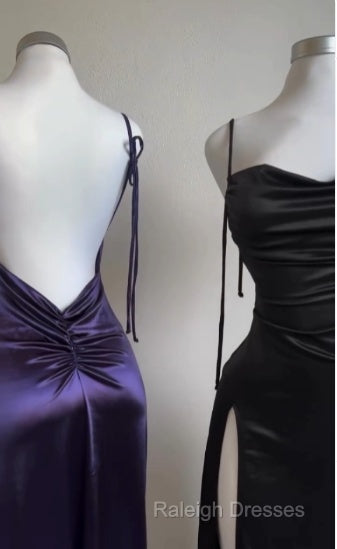 Pretty Sheath Spaghetti Straps Floor Length Ruffles Grape Slit Prom Dresses