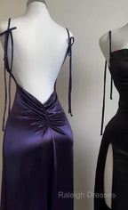 Pretty Sheath Spaghetti Straps Floor Length Ruffles Grape Slit Prom Dresses