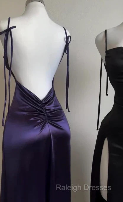 Pretty Sheath Spaghetti Straps Floor Length Ruffles Grape Slit Prom Dresses
