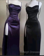 Pretty Sheath Spaghetti Straps Floor Length Ruffles Grape Slit Prom Dresses
