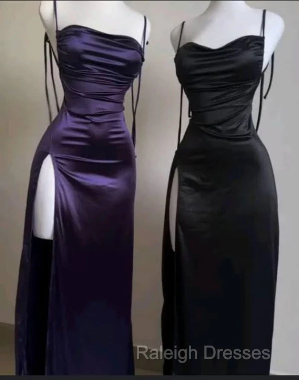 Pretty Sheath Spaghetti Straps Floor Length Ruffles Grape Slit Prom Dresses