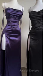 Pretty Sheath Spaghetti Straps Floor Length Ruffles Grape Slit Prom Dresses