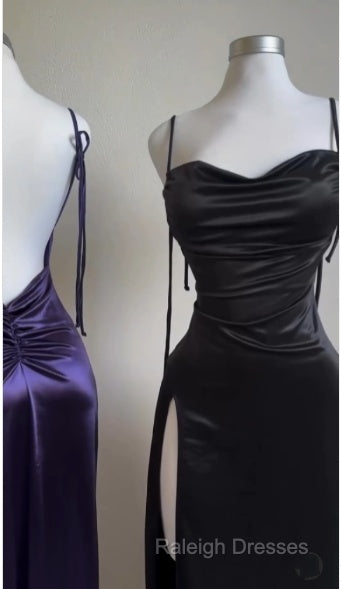 Pretty Sheath Spaghetti Straps Floor Length Ruffles Grape Slit Prom Dresses