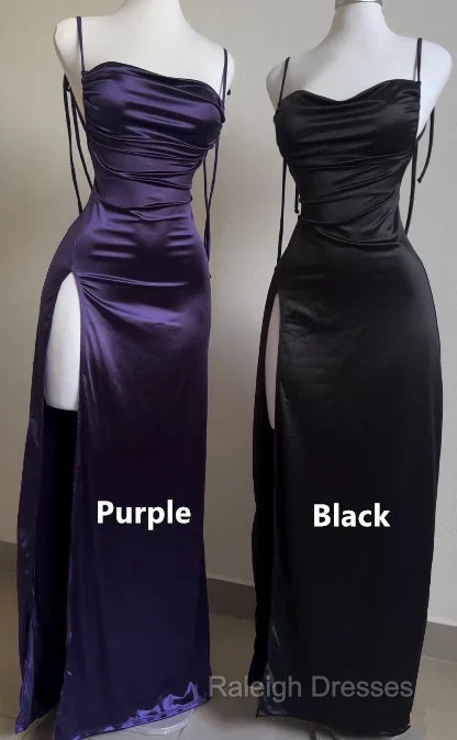 Pretty Sheath Spaghetti Straps Floor Length Ruffles Grape Slit Prom Dresses