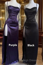 Pretty Sheath Spaghetti Straps Floor Length Ruffles Grape Slit Prom Dresses
