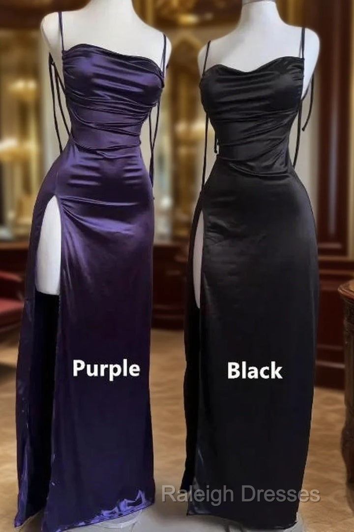 Pretty Sheath Spaghetti Straps Floor Length Ruffles Grape Slit Prom Dresses