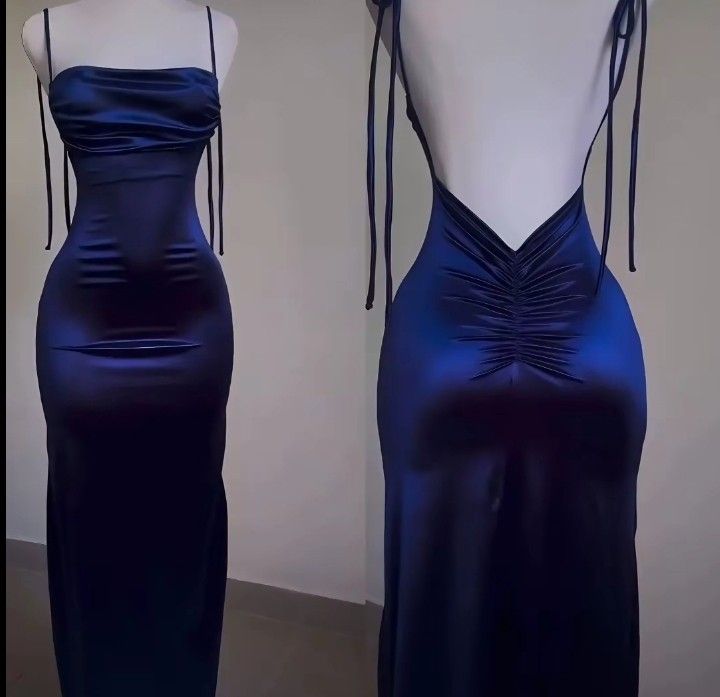 Pretty Sheath Spaghetti Straps Floor Length Ruffles Royal Blue Prom Dress