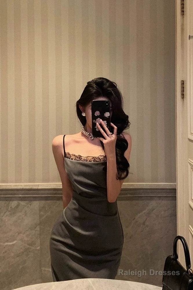 Pretty Sheath Spaghetti Straps Pleated Gray Prom Dresses Birthday Outfits Evening Gown