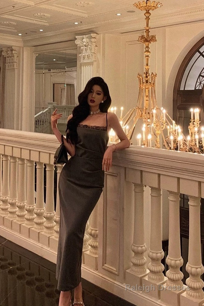 Pretty Sheath Spaghetti Straps Pleated Gray Prom Dresses Birthday Outfits Evening Gown