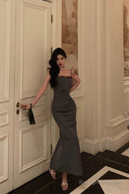 Pretty Sheath Spaghetti Straps Pleated Gray Prom Dresses Birthday Outfits Evening Gown