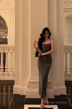 Pretty Sheath Spaghetti Straps Pleated Gray Prom Dresses Birthday Outfits Evening Gown