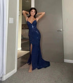 Pretty Sheath Spaghetti Straps Royal Blue Slit Long Prom Dresses Prom Dress