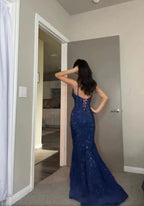 Pretty Sheath Spaghetti Straps Royal Blue Slit Long Prom Dresses Prom Dress
