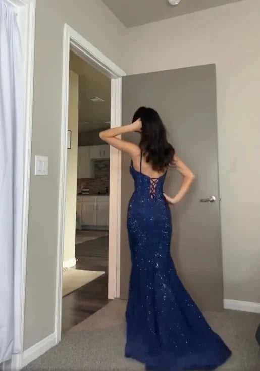 Pretty Sheath Spaghetti Straps Royal Blue Slit Long Prom Dresses Prom Dress