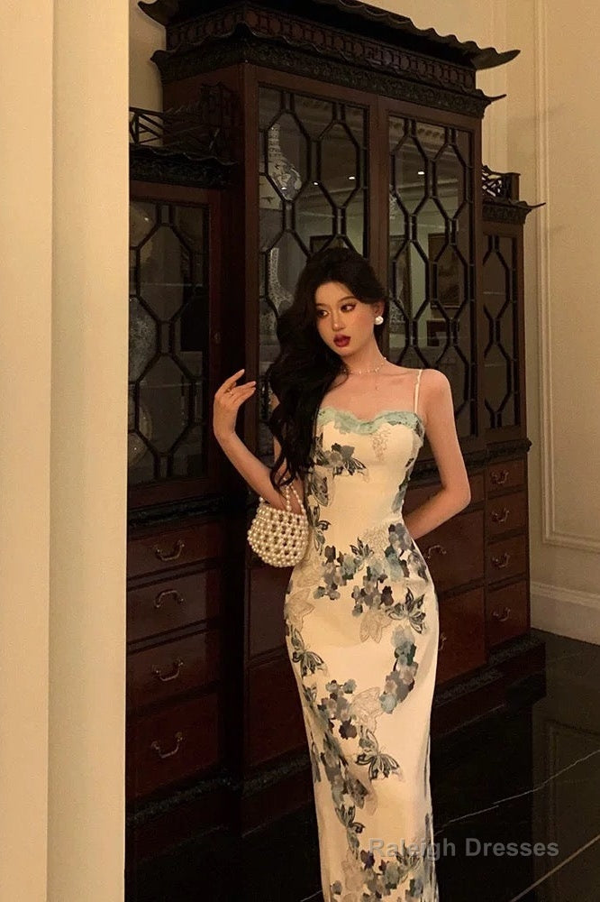 Pretty Sheath Spaghetti Straps Sleeveless Floral Date Night Dress Prom Dresses Birthday Outfits