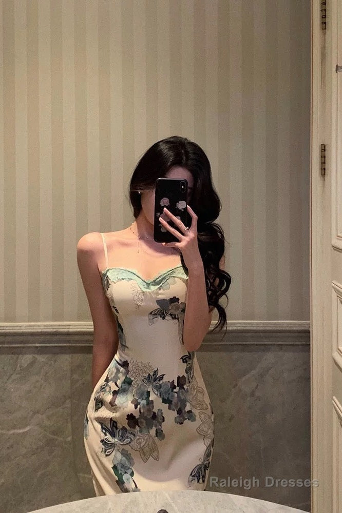 Pretty Sheath Spaghetti Straps Sleeveless Floral Date Night Dress Prom Dresses Birthday Outfits