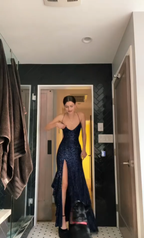 Pretty Sheath Spaghetti Straps Slit Navy Blue Sequin Prom Dresses Evening Dress