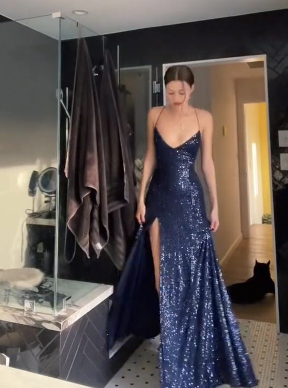 Pretty Sheath Spaghetti Straps Slit Navy Blue Sequin Prom Dresses Evening Dress