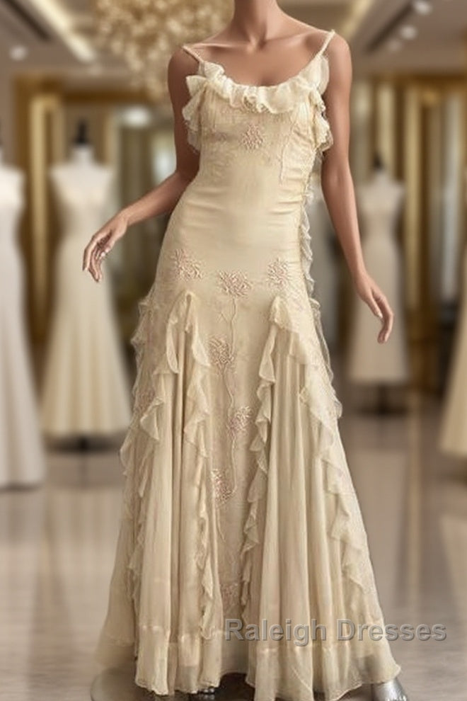 Pretty Sheath Spaghetti Straps Yellow Floor Length Evening Dress Chiffon Prom Dresses Main image