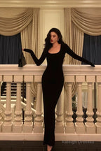 Pretty Sheath Square Neckline Long Sleeves Black Date Night Dress Prom Dresses Birthday Party Outfit