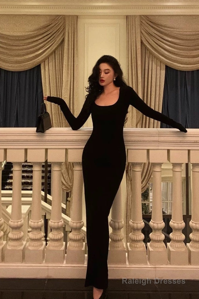 Pretty Sheath Square Neckline Long Sleeves Black Date Night Dress Prom Dresses Birthday Party Outfit