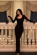 Pretty Sheath Square Neckline Long Sleeves Black Date Night Dress Prom Dresses Birthday Party Outfit