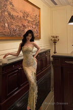 Pretty Sheath Strapless Floral Slit Long Prom Dresses Birthday Outfits