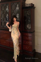 Pretty Sheath Strapless Floral Slit Long Prom Dresses Birthday Outfits