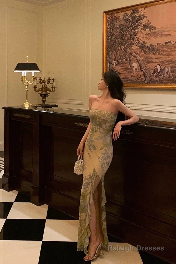 Pretty Sheath Strapless Floral Slit Long Prom Dresses Birthday Outfits