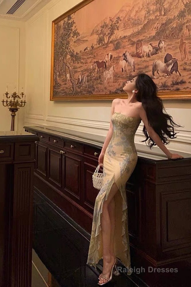 Pretty Sheath Strapless Floral Slit Long Prom Dresses Birthday Outfits