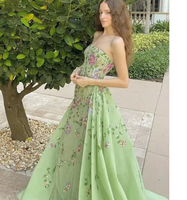 Pretty Sheath Strapless Green Floor Length Evening Dress Organza Prom Dresses With Embroidered Main image