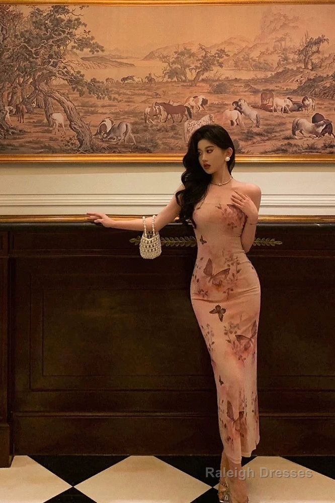 Pretty Sheath Strapless Pink Floral Date Night Dress Prom Dresses Birthday Party Outfit