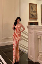 Pretty Sheath Strapless Sleeveless Pink Floral Date Night Dress Prom Dresses Birthday Outfits