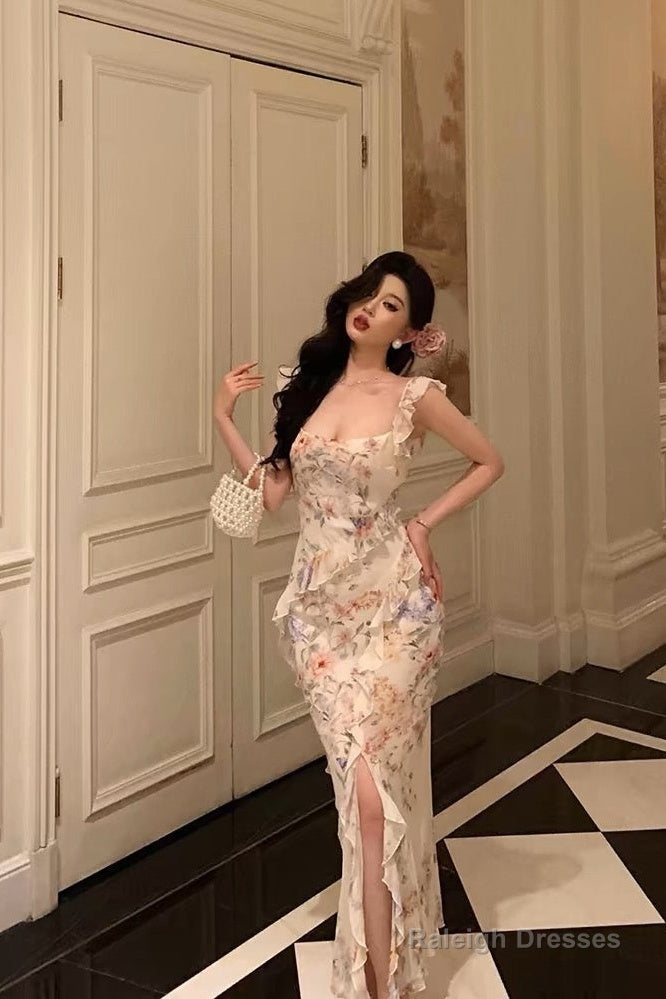 Pretty Sheath Straps Floral Chiffon Long Prom Dresses Birthday Outfits Evening Gown Secondary image