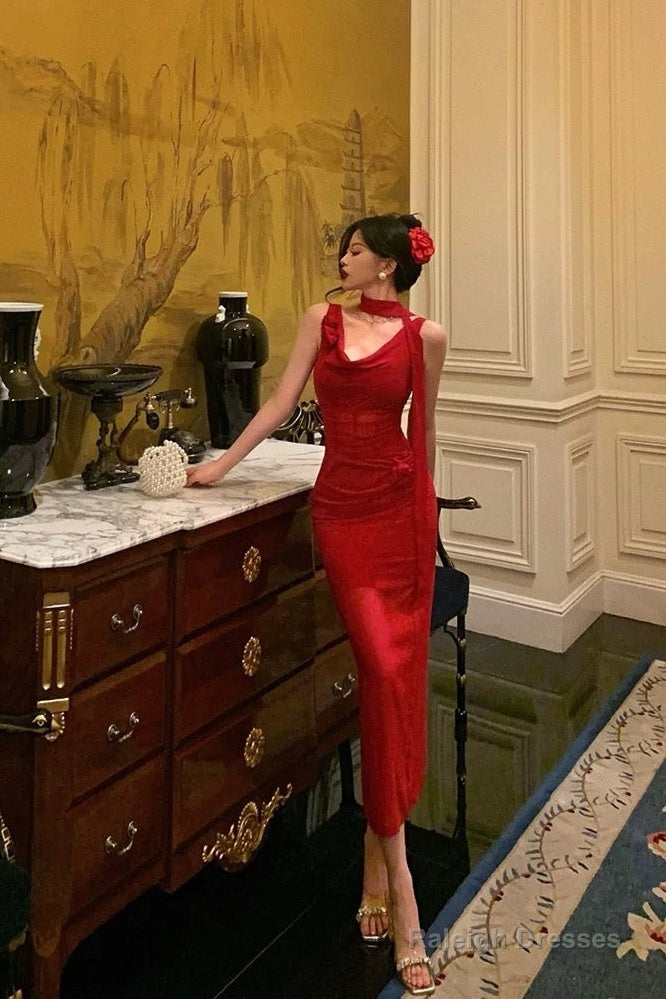 Pretty Sheath Straps Sleeveless Floral Date Night Dress Red Prom Dresses Birthday Outfits Secondary image