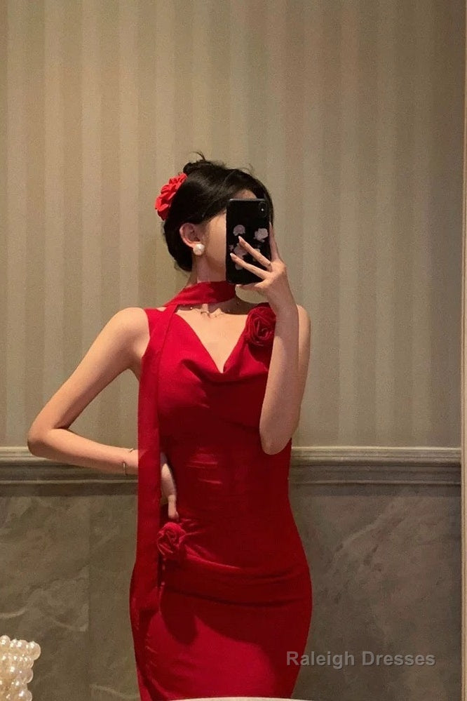 Pretty Sheath Straps Sleeveless Floral Date Night Dress Red Prom Dresses Birthday Outfits