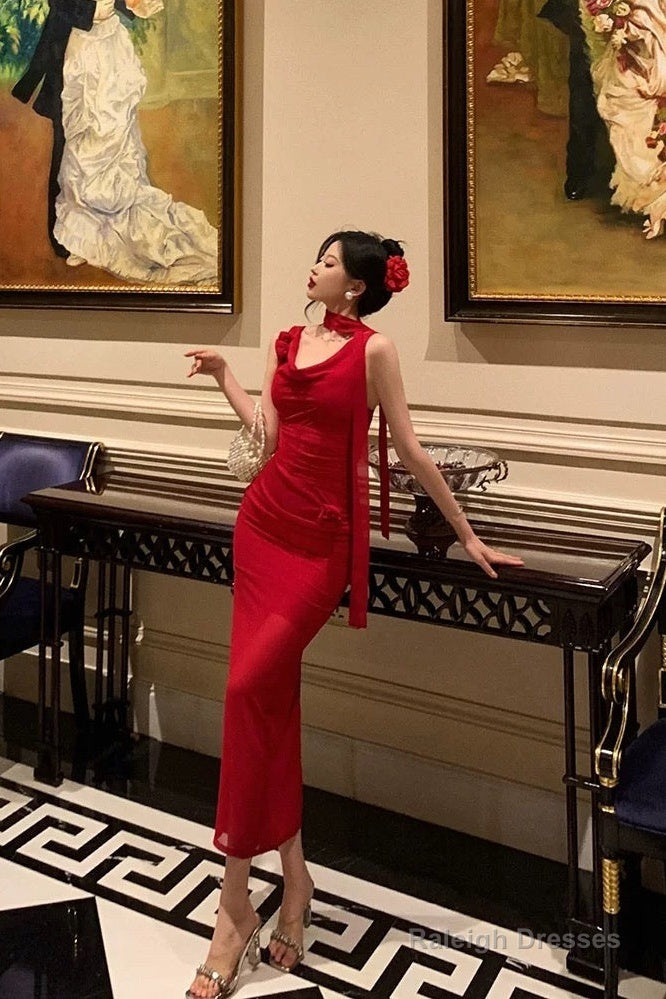 Pretty Sheath Straps Sleeveless Floral Date Night Dress Red Prom Dresses Birthday Outfits