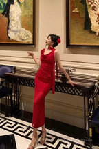 Pretty Sheath Straps Sleeveless Floral Date Night Dress Red Prom Dresses Birthday Outfits