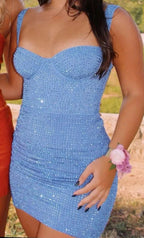 Pretty Sheath Sweetheart Blue Sequin Prom Homecoming Dress 21St Birthday Outfits Graduation Dresses Short Mini Cocktail Dress