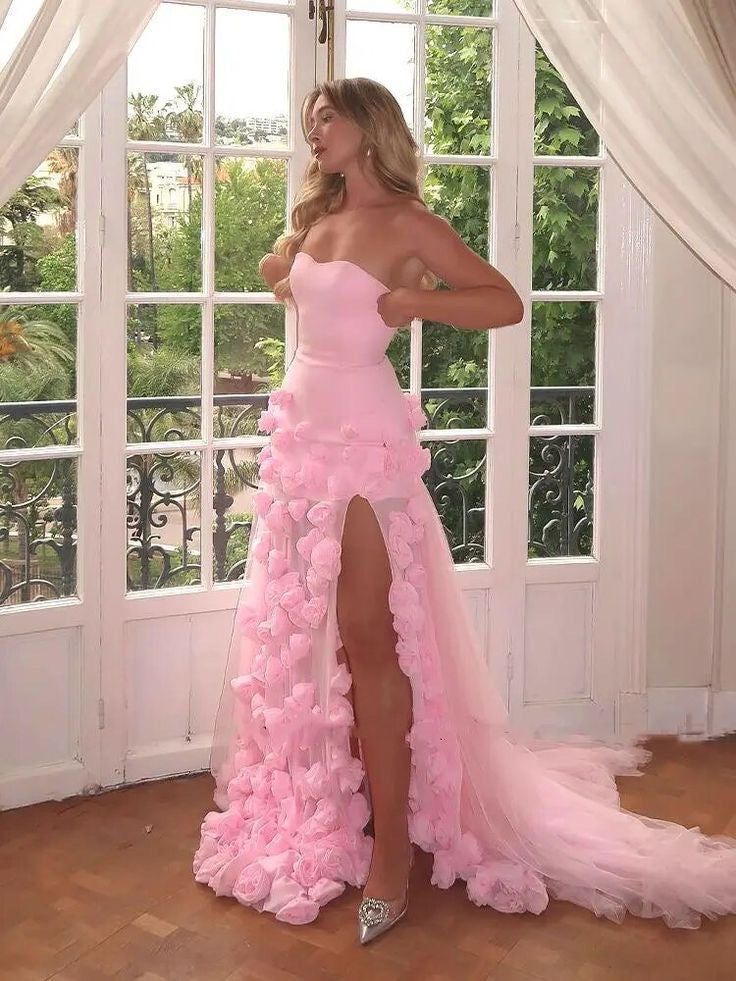 Pretty Sheath Sweetheart Pink Long Slit Prom Dress Prom Dresses