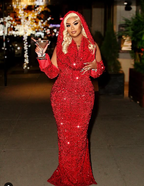 Pretty Sheath V Neckline Red Sequin Prom Dress Long Prom Dresses