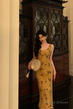 Pretty Sheath V Neckline Yellow Floral Date Night Dress Prom Dresses Birthday Party Outfit