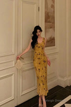 Pretty Sheath V Neckline Yellow Floral Date Night Dress Prom Dresses Birthday Party Outfit