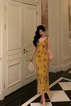 Pretty Sheath V Neckline Yellow Floral Date Night Dress Prom Dresses Birthday Party Outfit