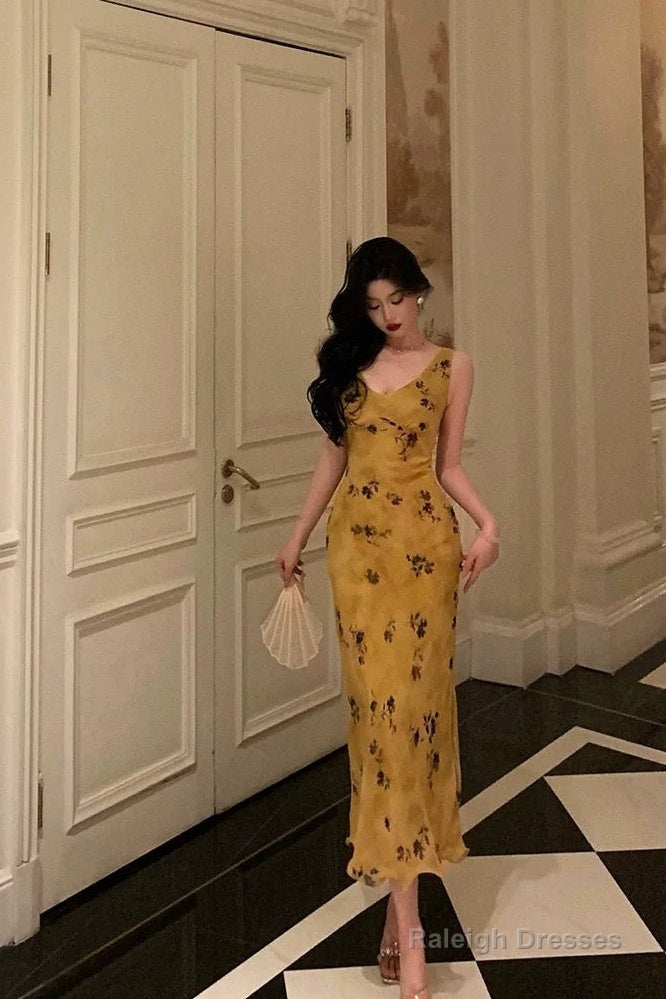 Pretty Sheath V Neckline Yellow Floral Date Night Dress Prom Dresses Birthday Party Outfit Main image