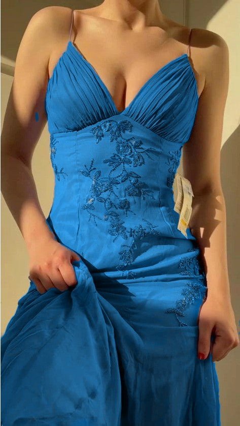 Pretty Spaghetti Straps V-Neck Beaded Backless Prom Dress Prom Dress