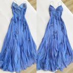 Pretty Spaghetti Straps V-Neck Beaded Backless Prom Dress Prom Dress