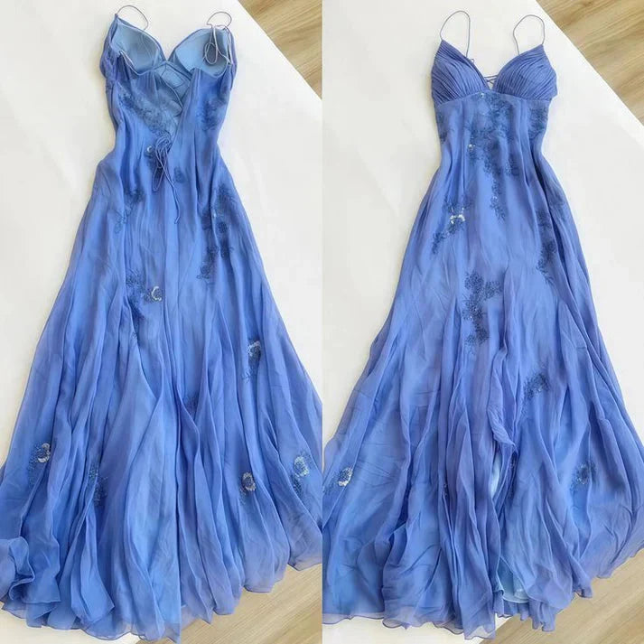 Pretty Spaghetti Straps V-Neck Beaded Backless Prom Dress Prom Dress
