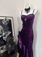Pretty Spaghetti Straps Purple Velvet Ruffle Prom Dresses Birthday Prom Dresses